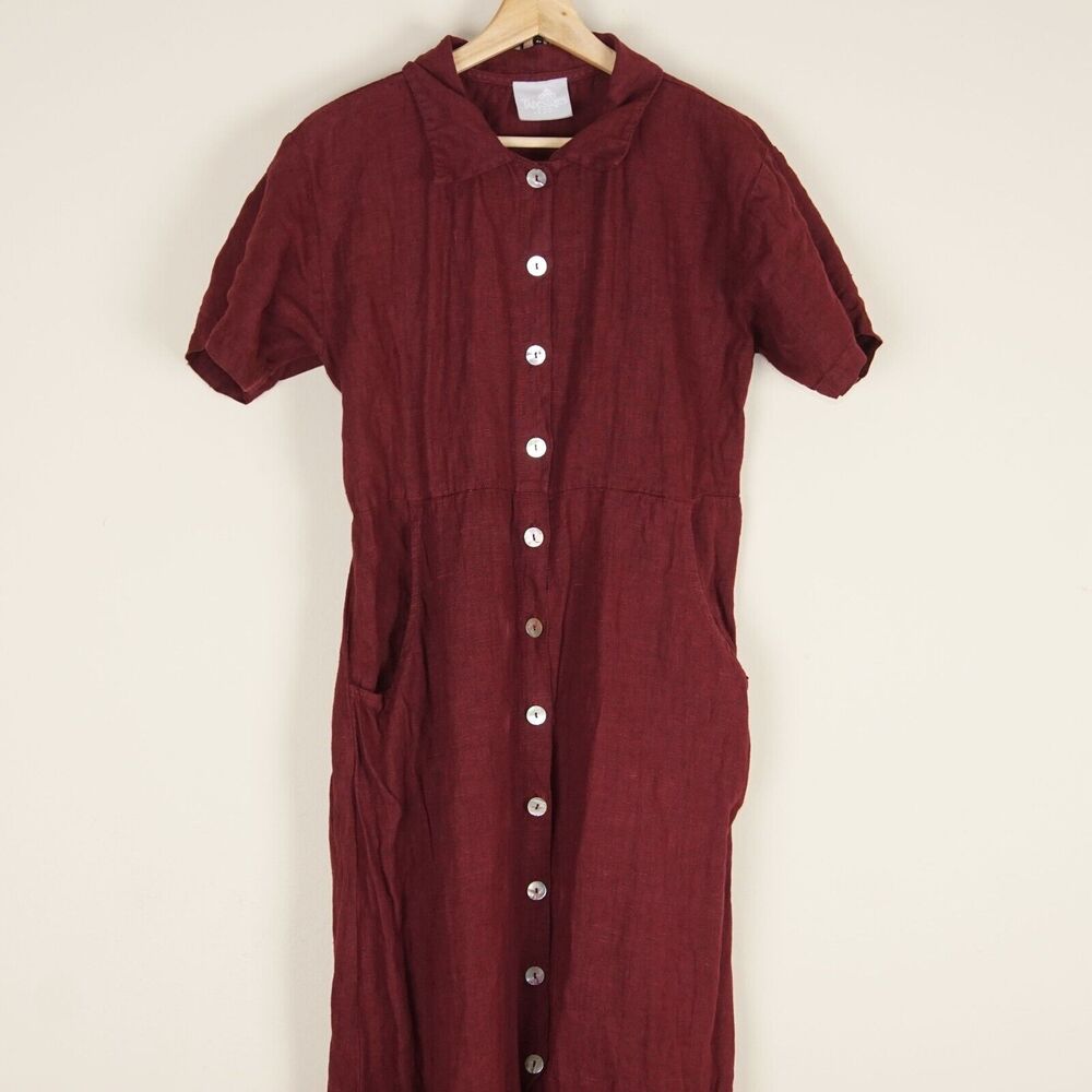 Tapestries By Hauoli Hawaii Red 100% Linen Button Midi Dress Womens Sz OS